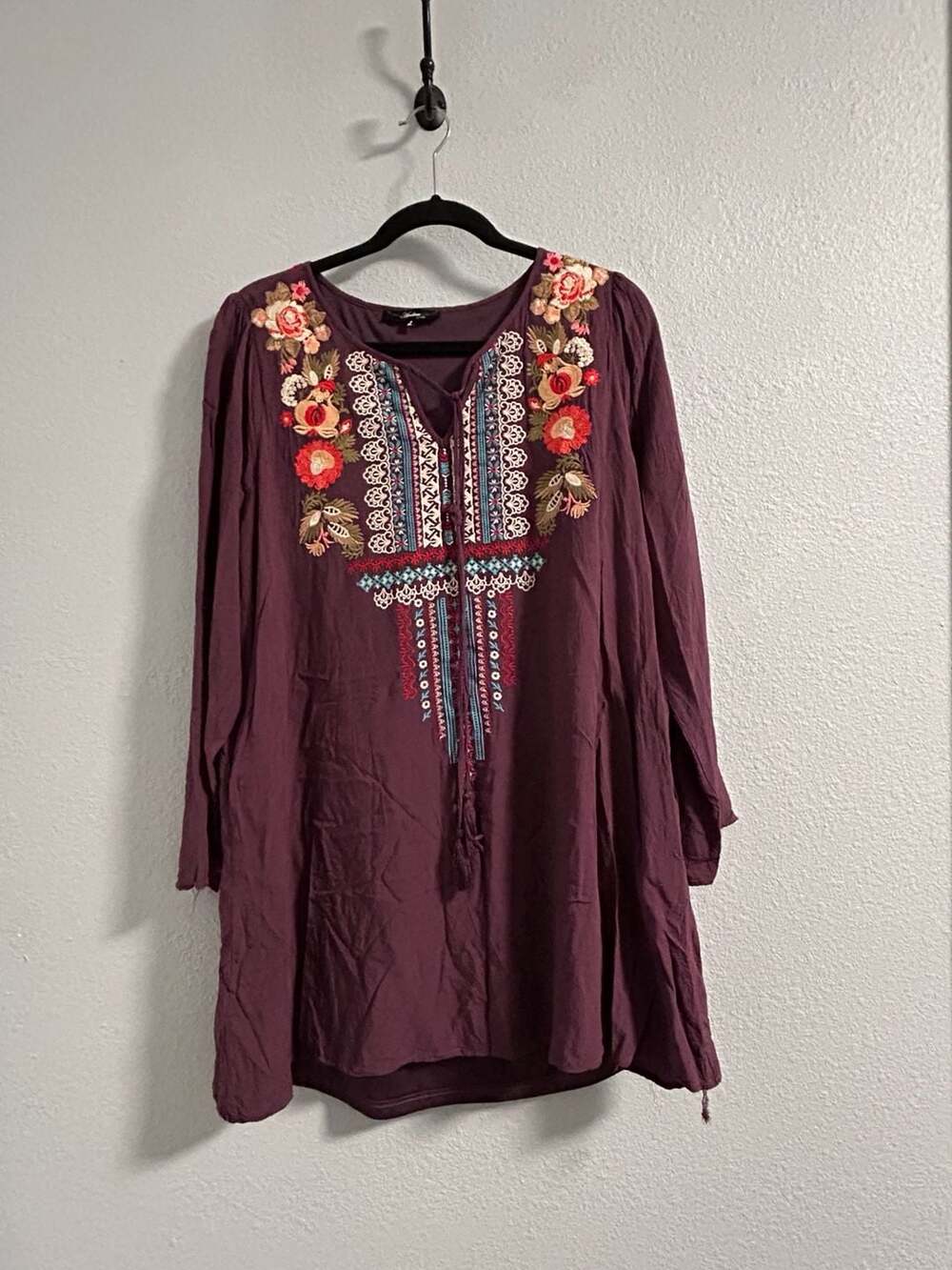 Andree by Unit Women's burgundy Embroidered Long Sleeve Boho Tunic Dres